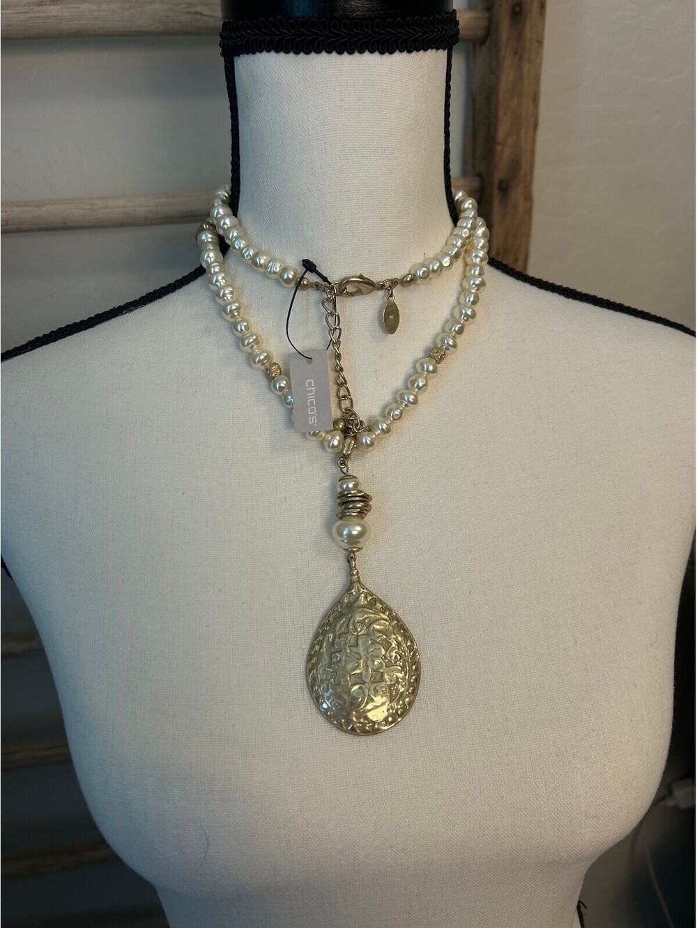 Chico's Pearl Beaded Necklace with Ornate Gold-Tone Pendant